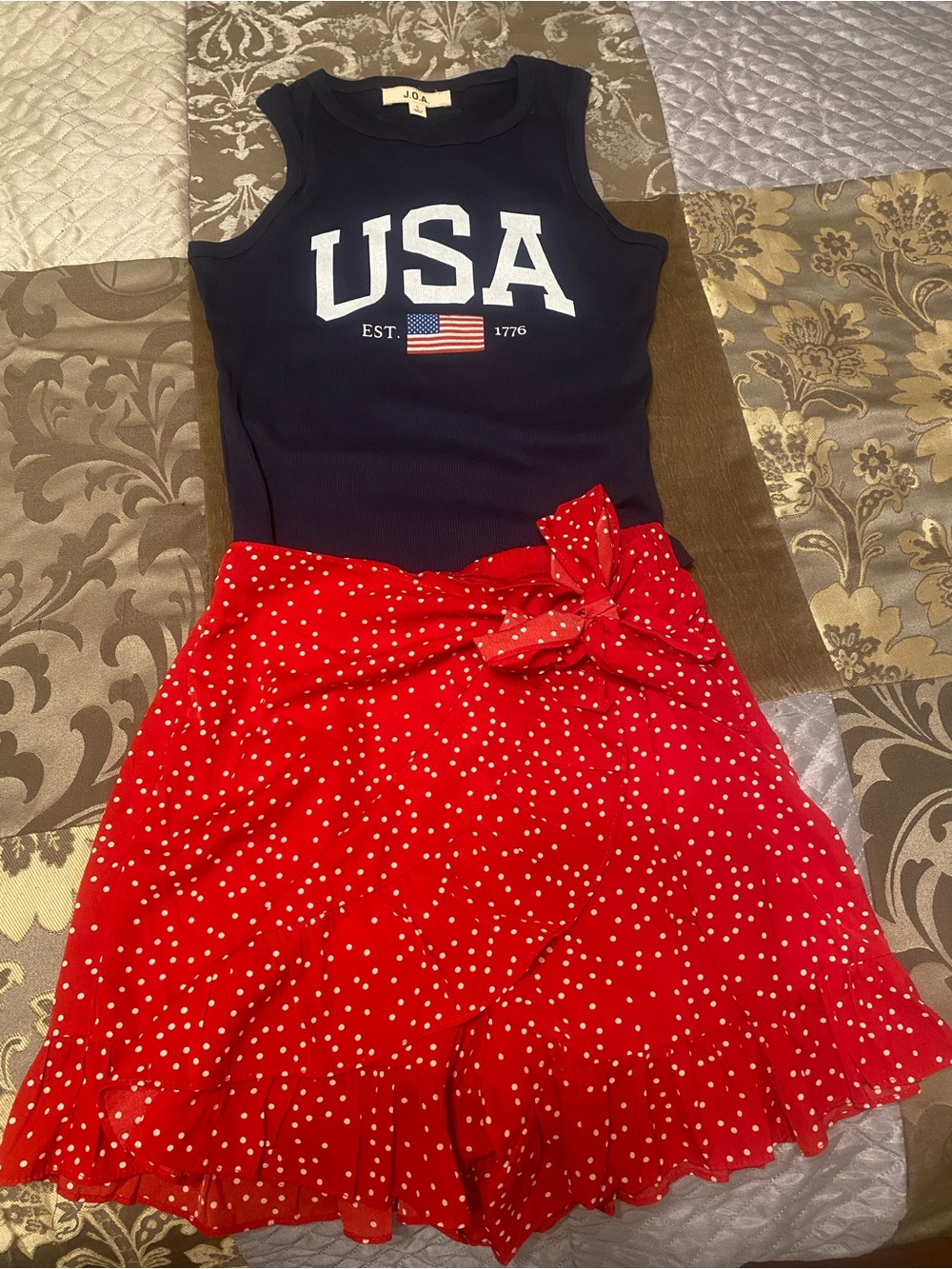 Red White & Blue outfit - Navy USA Graphic Tank with Red Polka Dot Skort